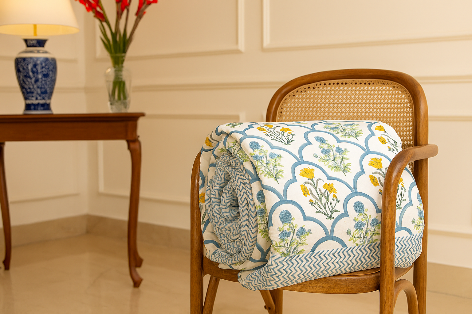 Indigo Garden Hand Block Printed Premium Reversible Quilt