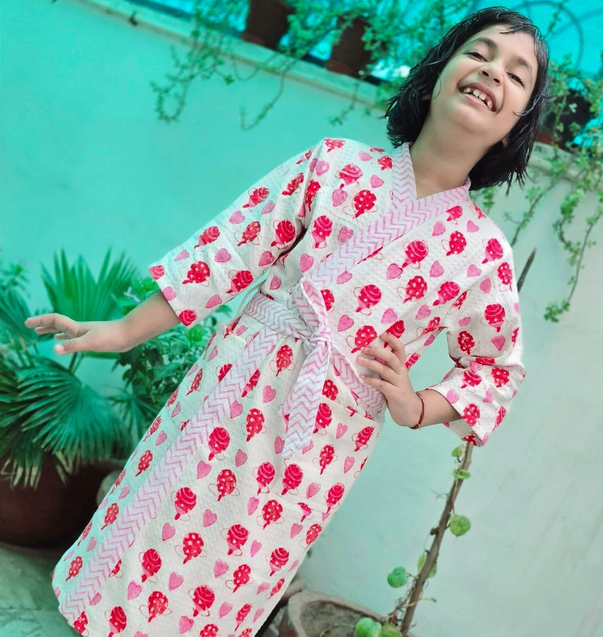 Icecream Hand Block Printed Kids Bathrobes
