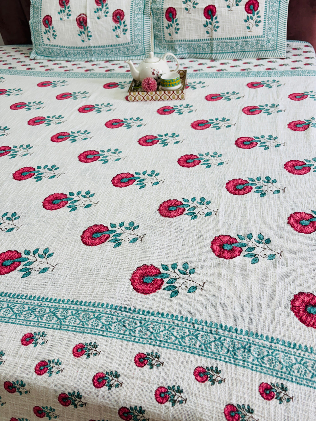 Floral Hand Block Printed Jute  King Size Bedcover with 2 Pillow Covers