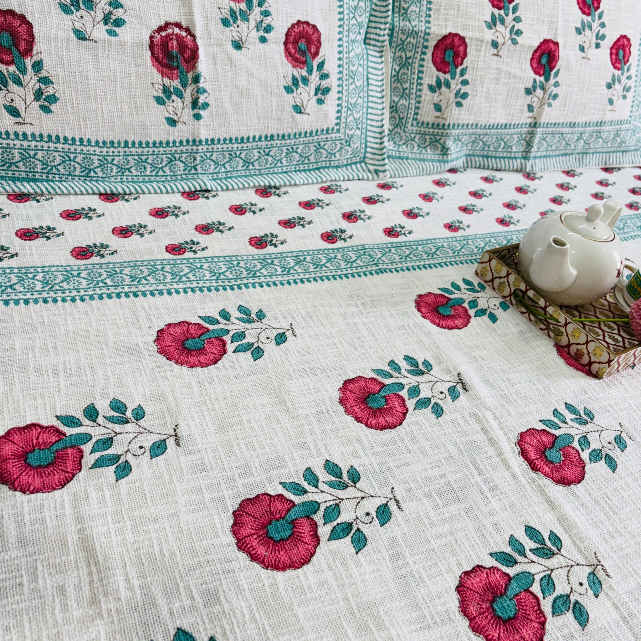 Floral Hand Block Printed Jute  King Size Bedcover with 2 Pillow Covers