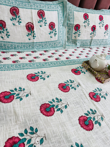 Floral Hand Block Printed Jute  King Size Bedcover with 2 Pillow Covers