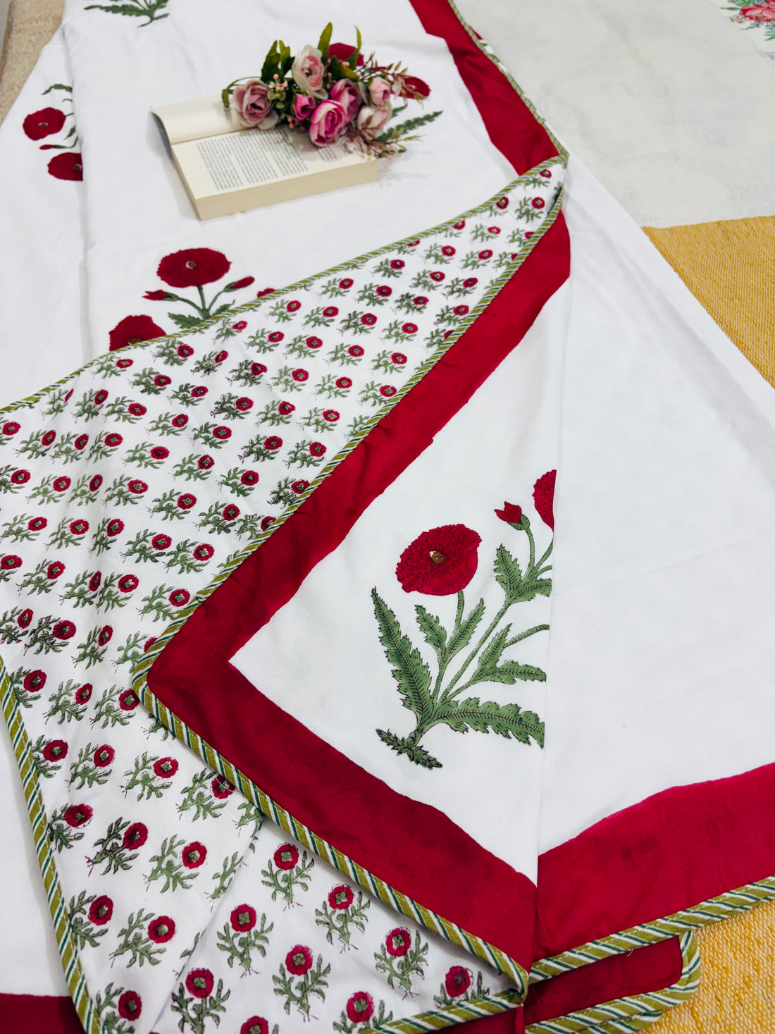 Kashmir Poppy Hand Block Printed Mulmul Cotton Reversible Double Dohar