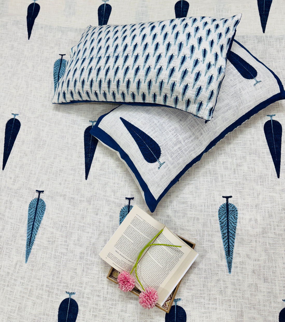 Leafy Hand Block Printed Jute King Size Bedcover with 2 Pillow Covers