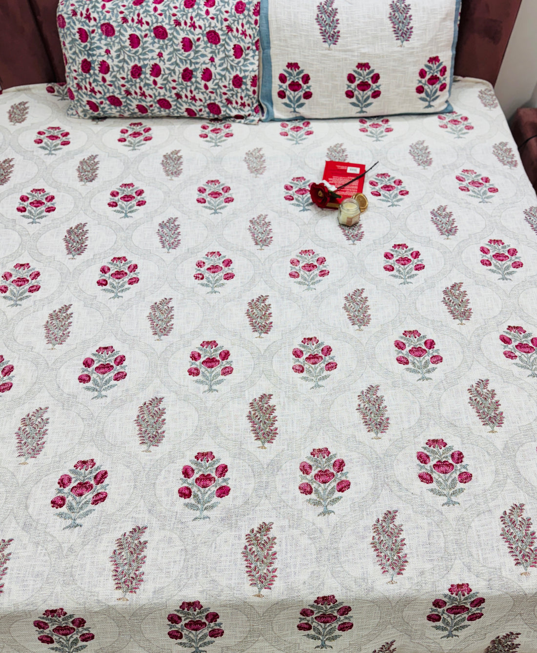 Sanganeri Hand Block Printed Jute Bedcover King Size with 2 Pillow Covers