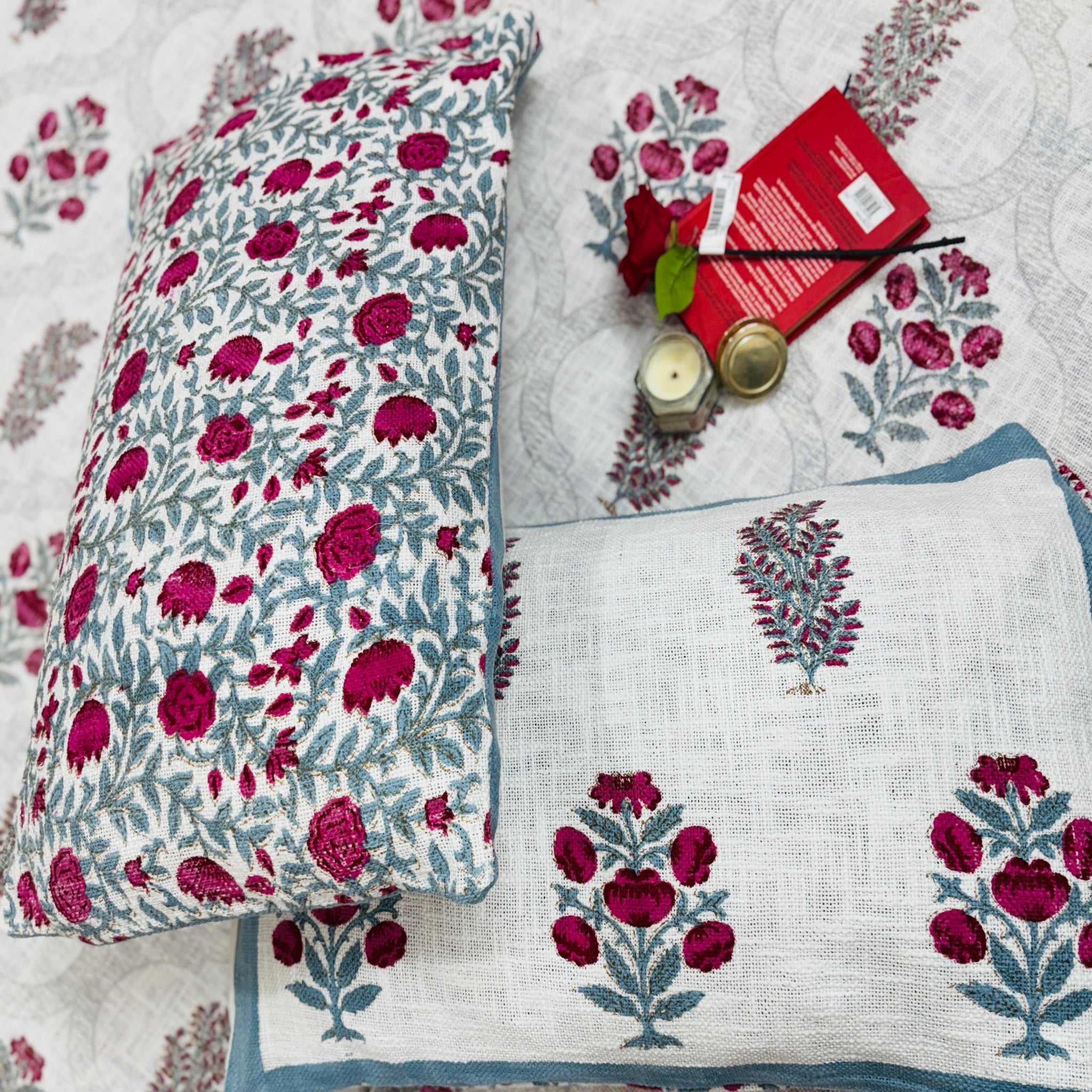 Sanganeri Hand Block Printed Jute Bedcover King Size with 2 Pillow Covers