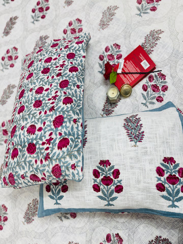 Sanganeri Hand Block Printed Jute Bedcover King Size with 2 Pillow Covers