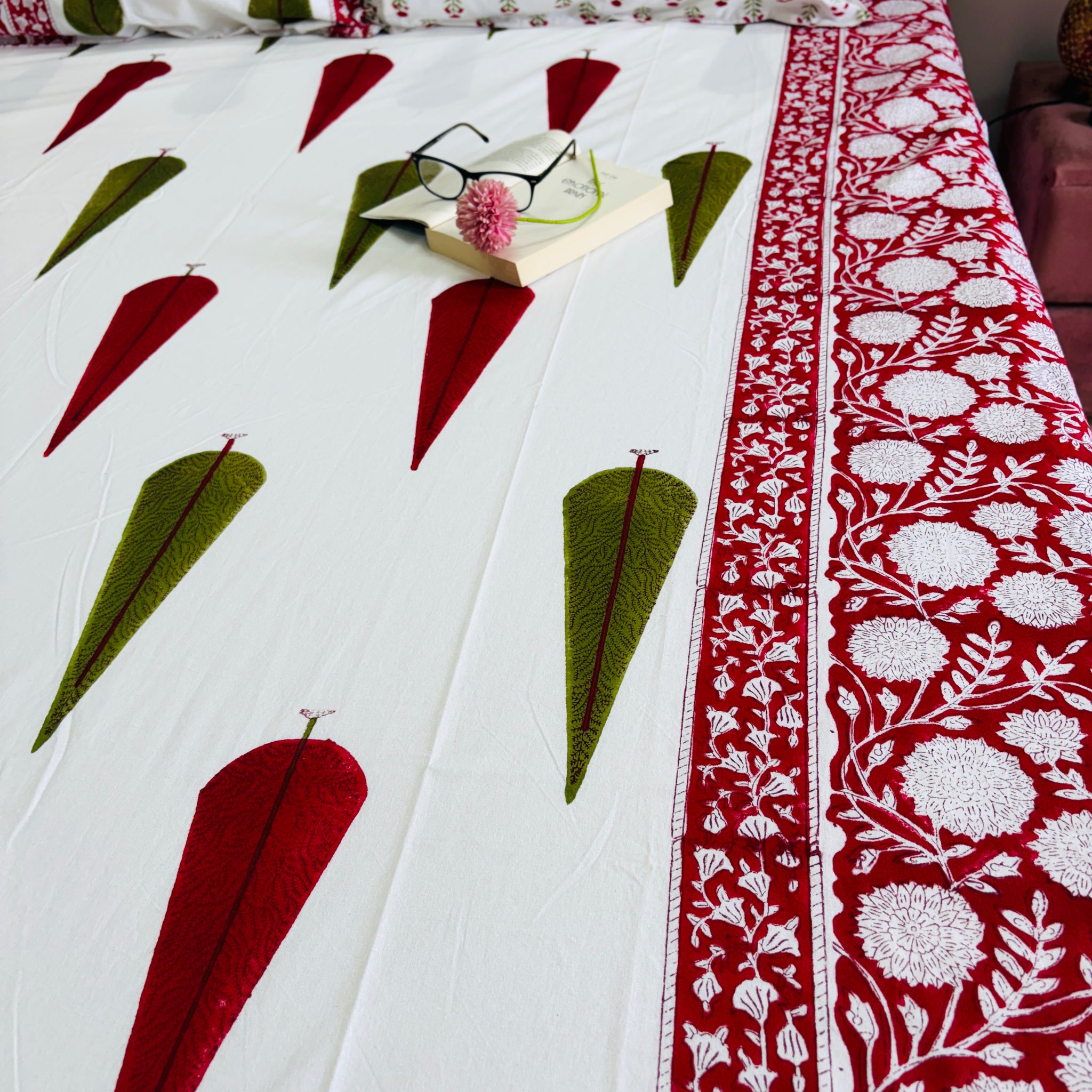 Ruby Leaf Hand Block Print King Size Premium Cotton Bedsheet