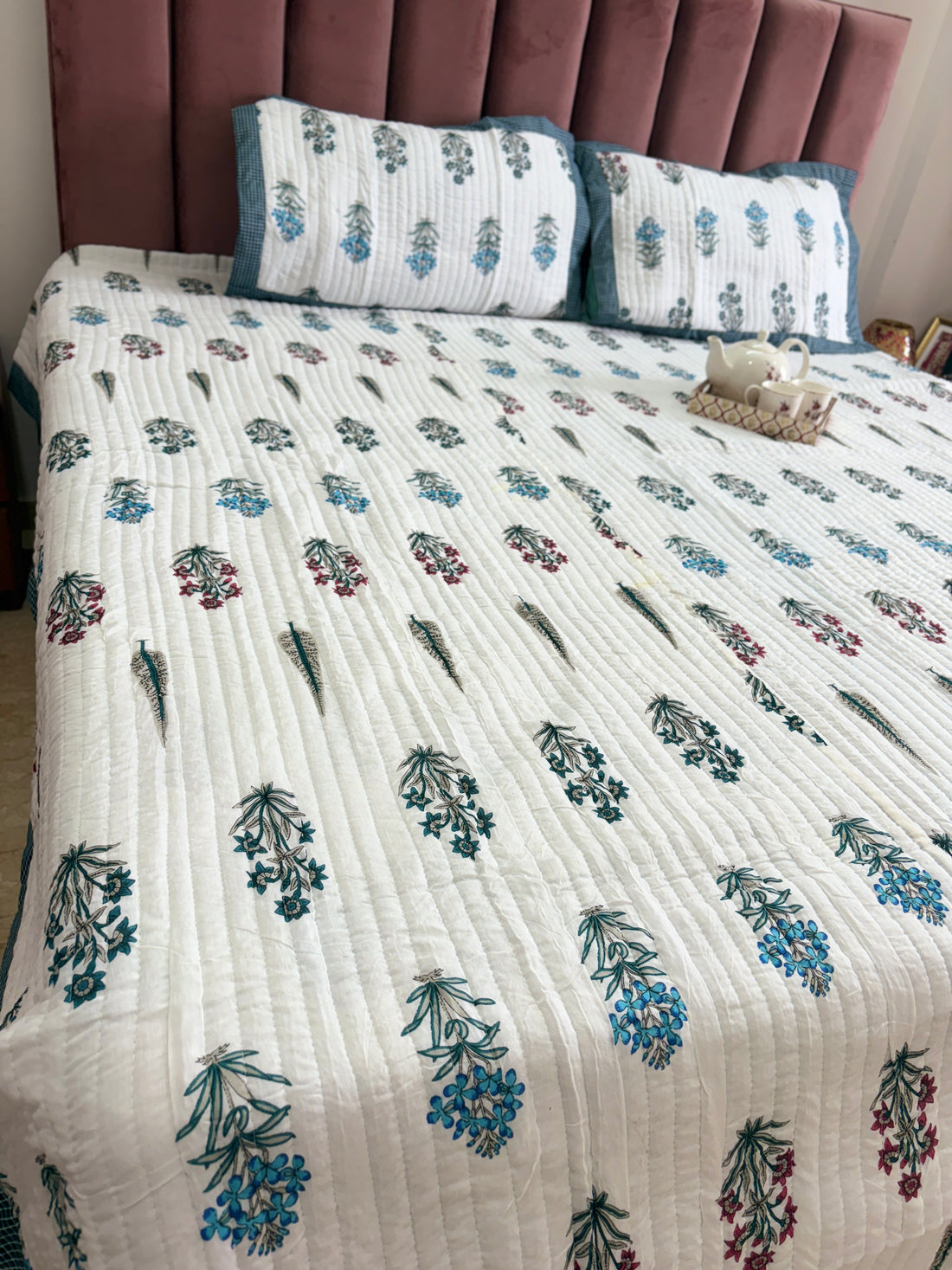Blue Mughal Garden Quilted Double Bedcover Set