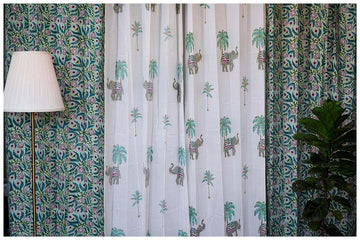 Mediterranean Muse Cotton Hand Block Curtain with Lining - Set of 2 Curtains