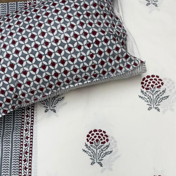 Mysore Garden Blockprint Percale Cotton King Size Bedsheet | 450 TC
