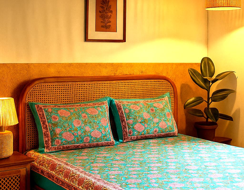 Turquoise Bloom Premium Cotton King Size Bedsheet