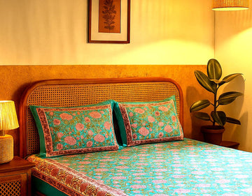 Turquoise Bloom Premium Cotton King Size Bedsheet