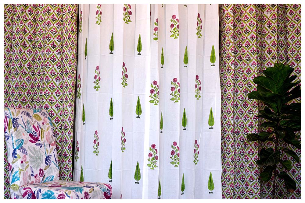 Vintage Vine Cotton Hand Block Curtain- Set of 2 Curtains