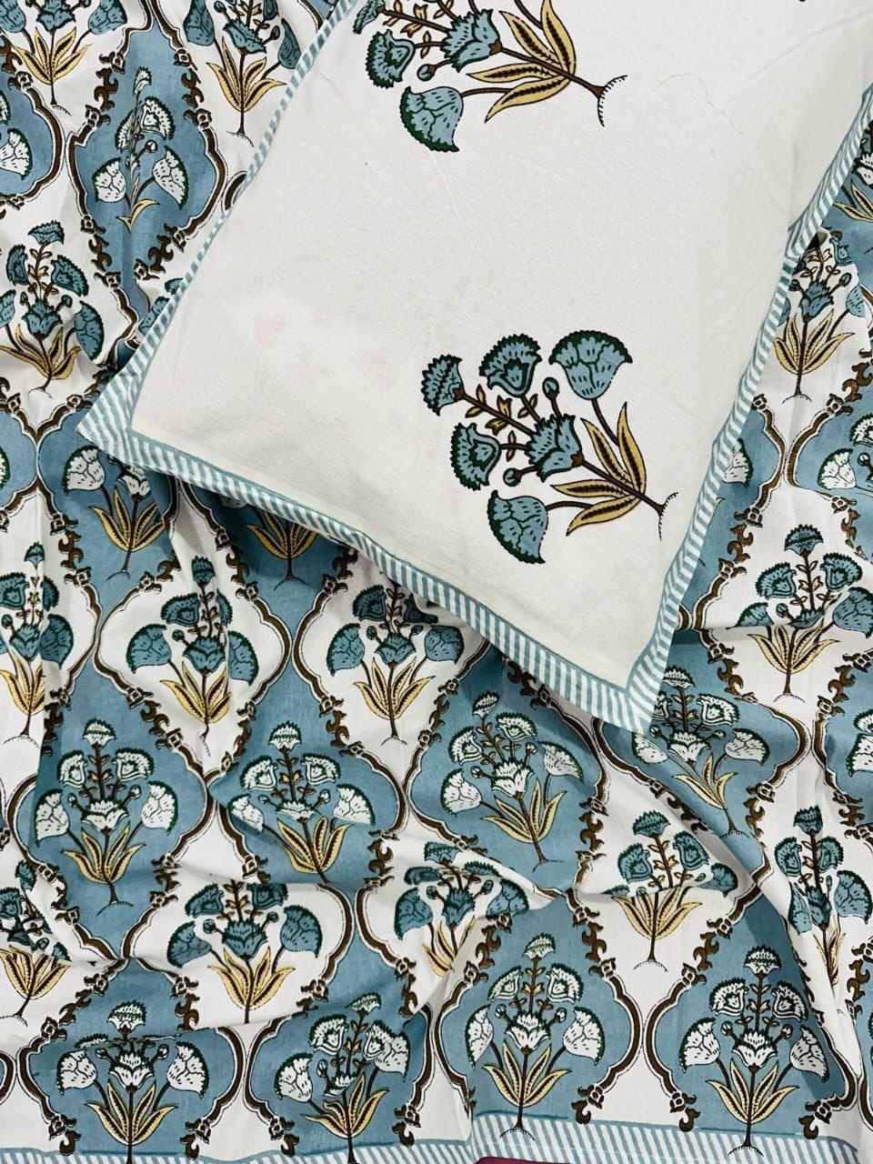 Teal Blossom Elegance Cotton Single Bedsheet