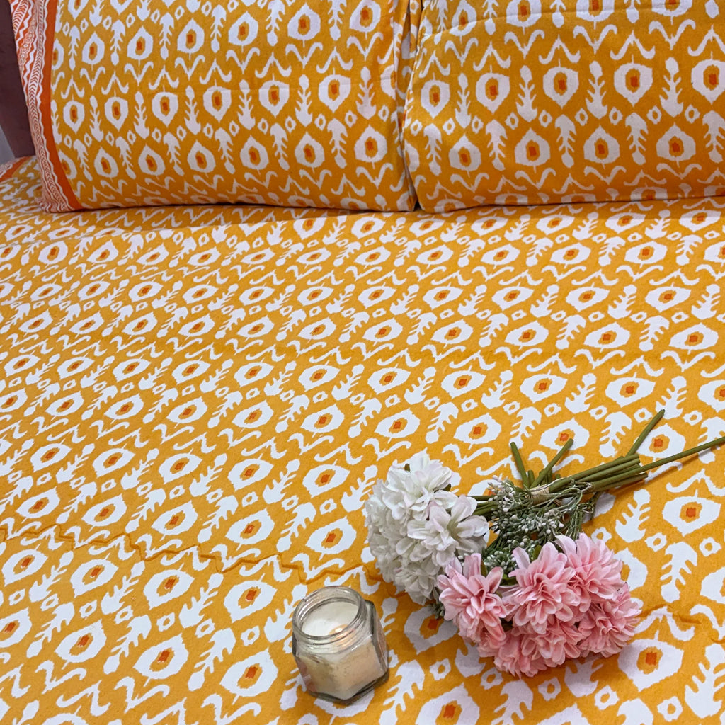 Iktara Print Premium Cotton King Size Bedsheet - Yellow