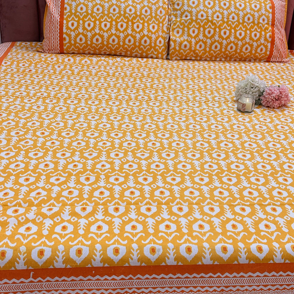 Iktara Print Premium Cotton King Size Bedsheet - Yellow