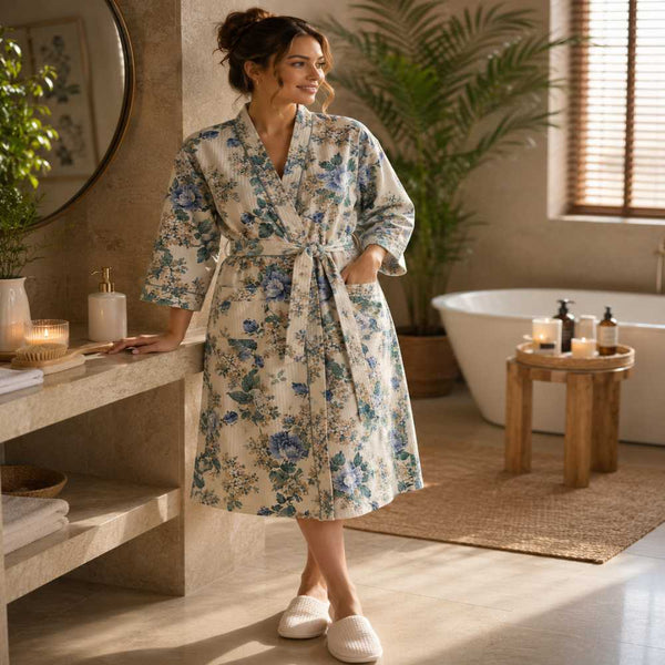 Roohi Hand Block Printed Unisex Bathrobe - Free Size