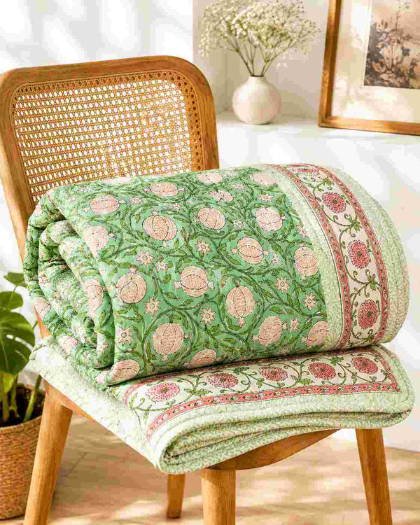 Gharonda Green Block Printed Premium Reversible Double Quilt