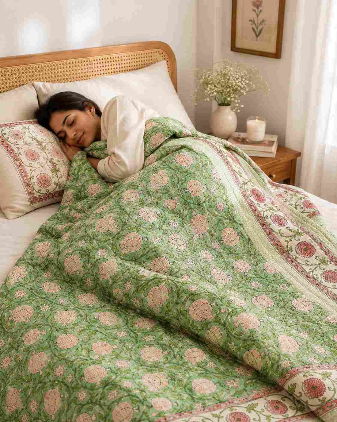 Gharonda Green Block Printed Premium Reversible Double Quilt
