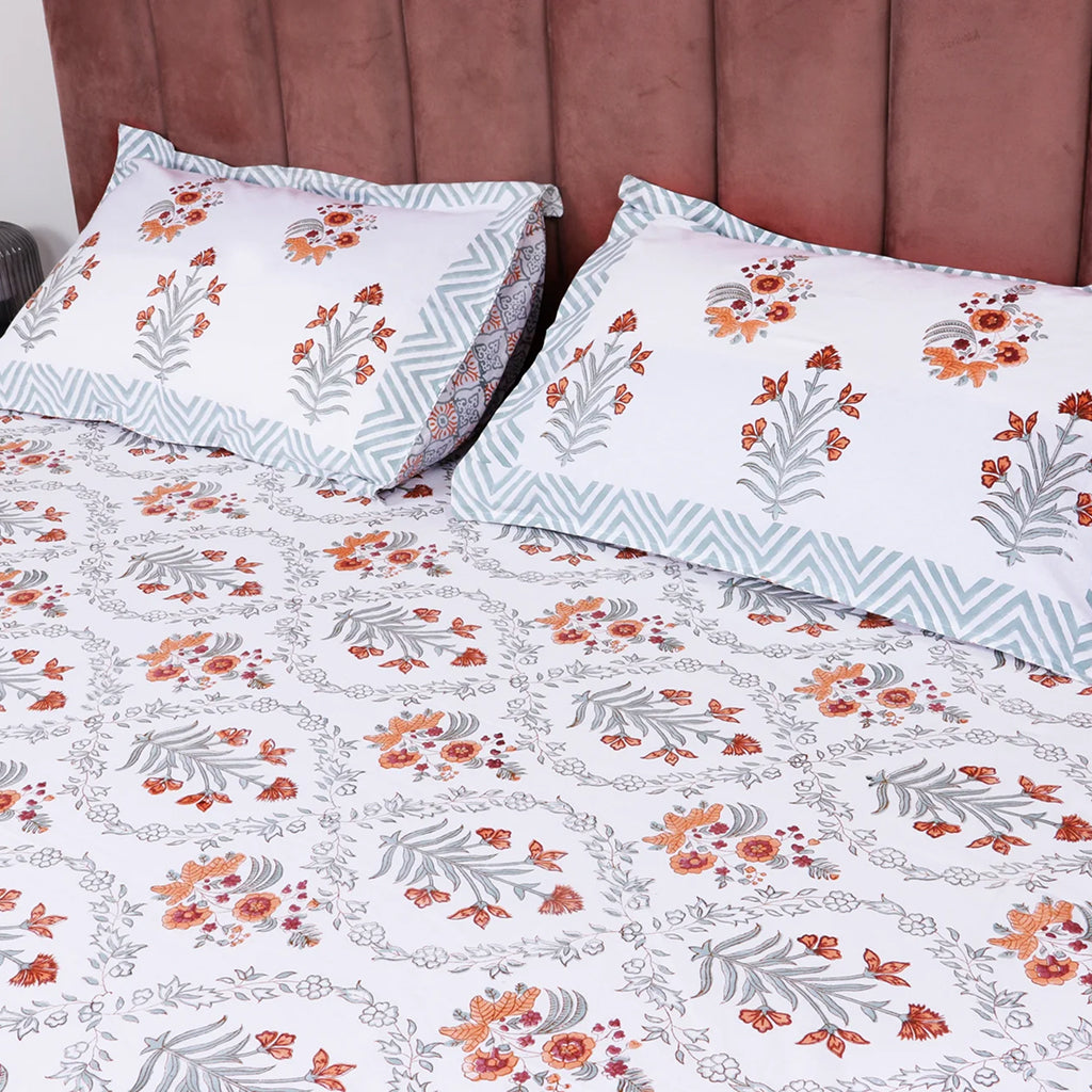 Rustika Bloom Hand Block Print King Size Premium Cotton Bedsheet