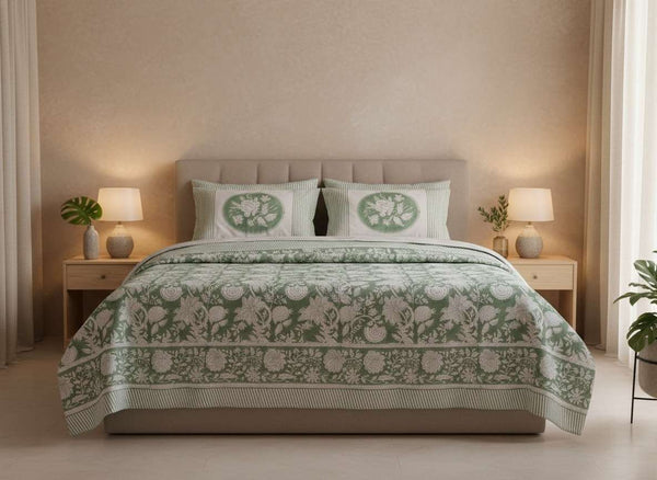 Forest Petals Blockprint Percale Cotton King Size Bedsheet | 450 TC
