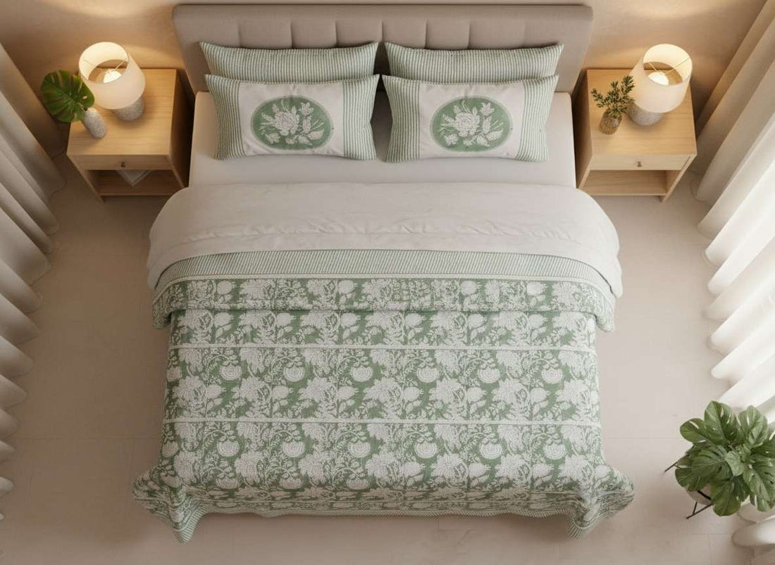 Forest Petals Blockprint Percale Cotton King Size Bedsheet | 450 TC