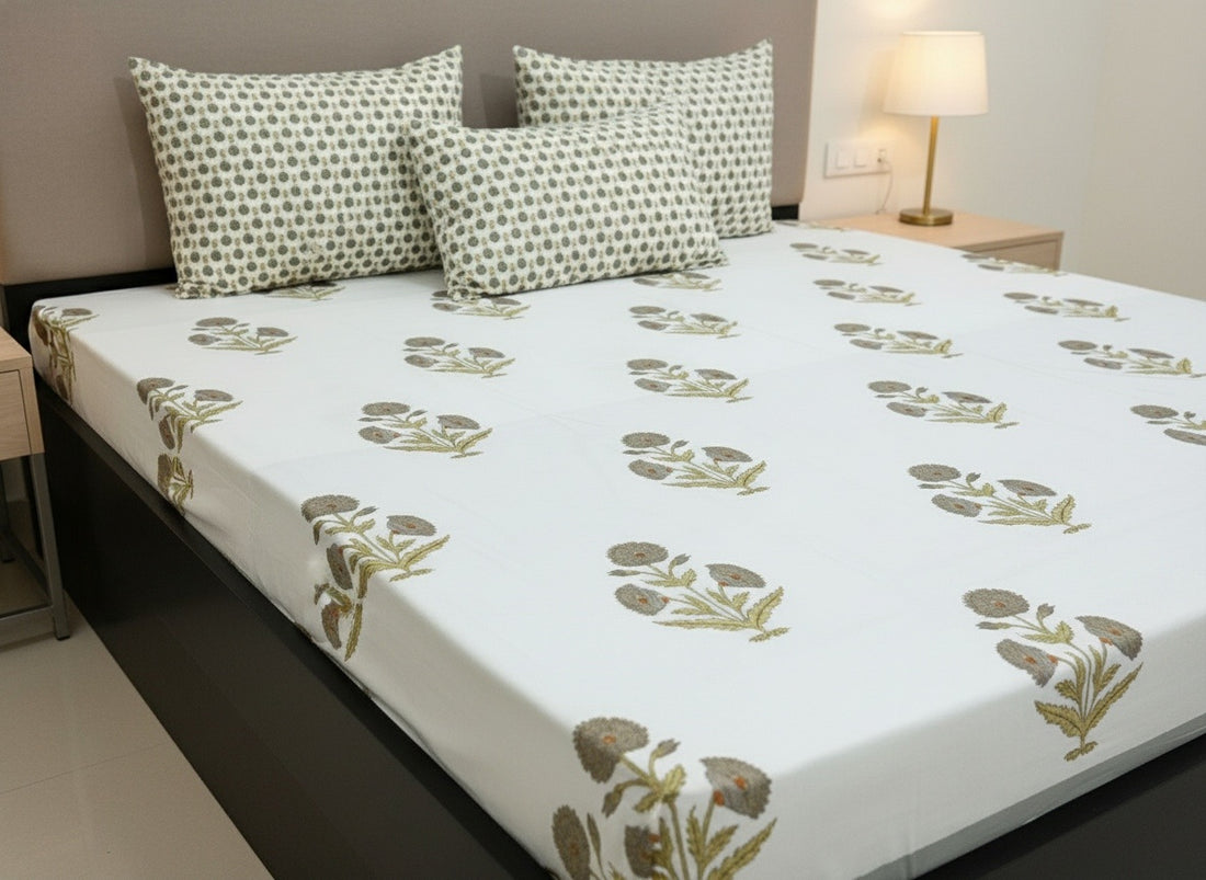 Blue Poppy King Size Premium Cotton Bedsheet