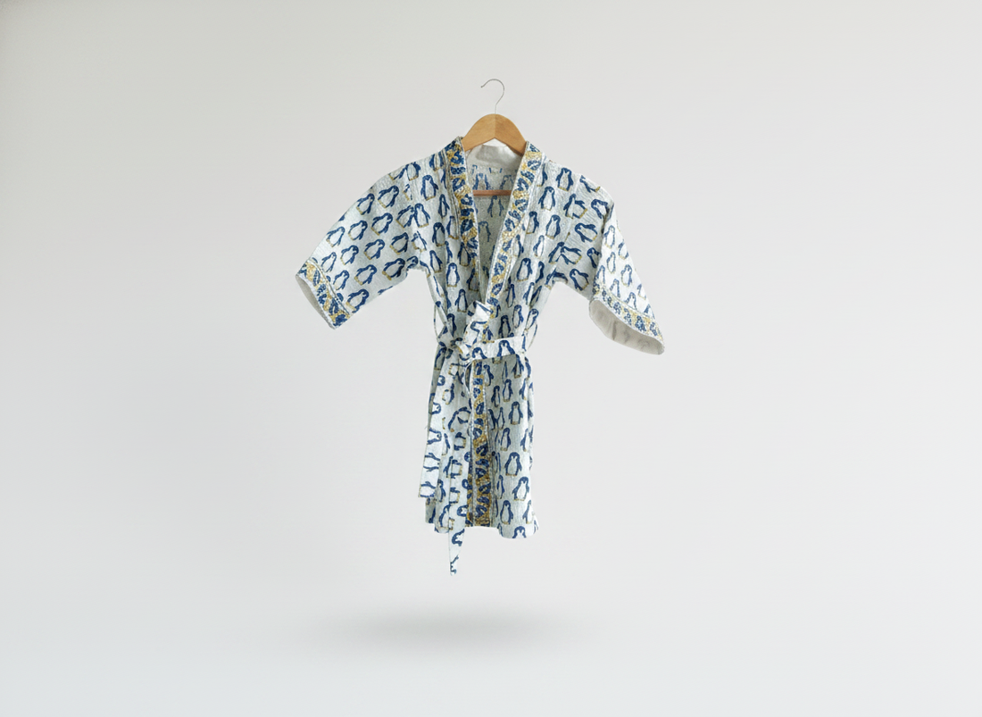 Penguin Hand Block Printed Kids Bathrobes