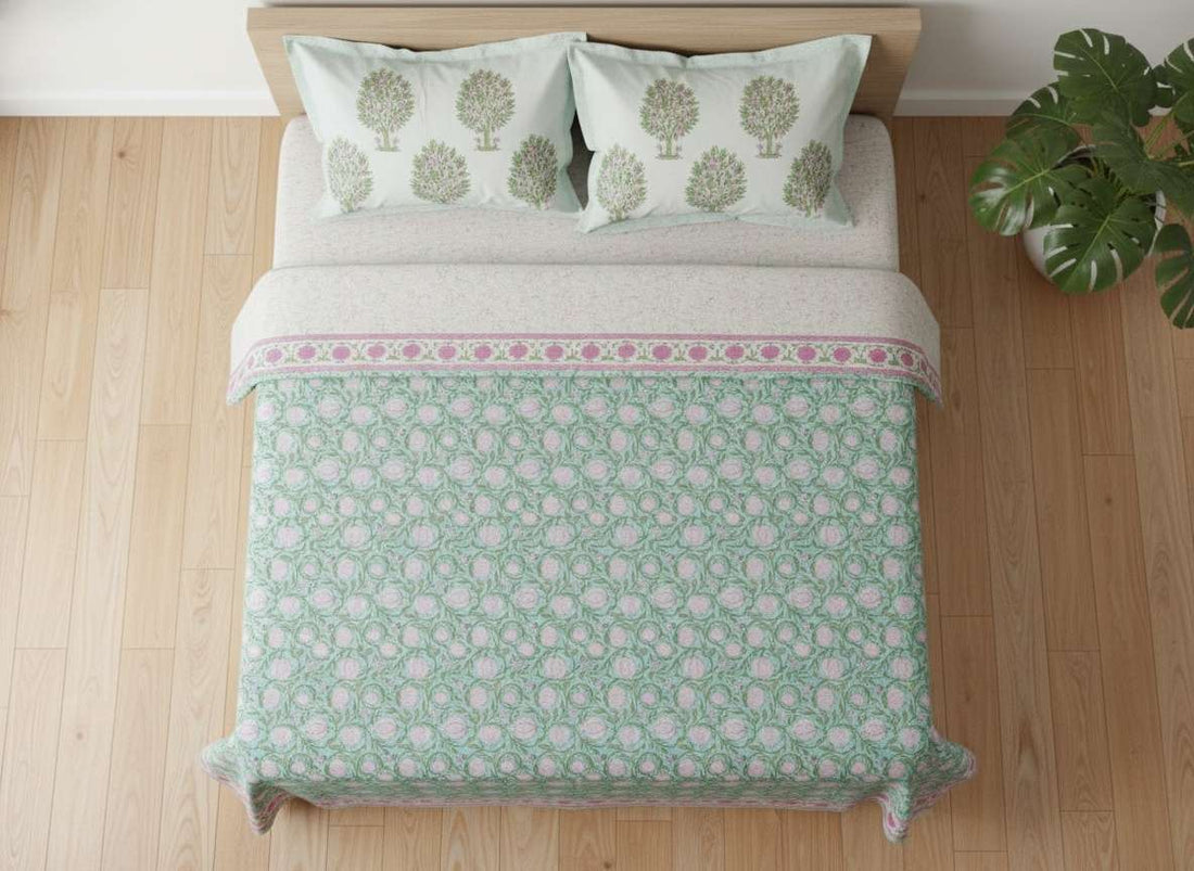 Aangan Bloom Blockprint Percale Cotton King Size Bedsheet | 450 TC