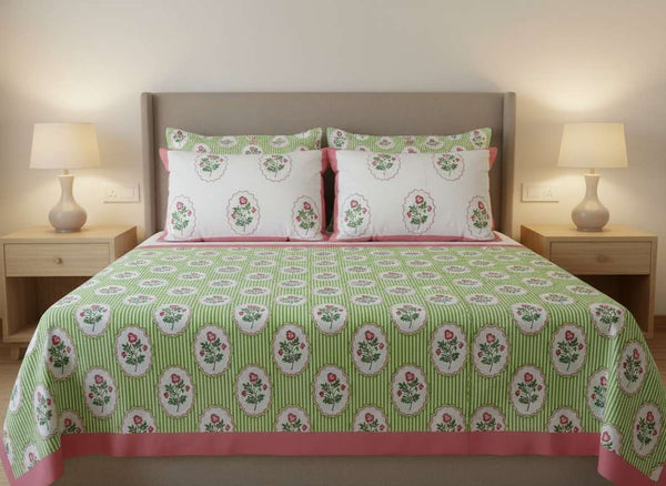 Utsav Bloom Blockprint Percale Cotton King Size Bedsheet | 450 TC