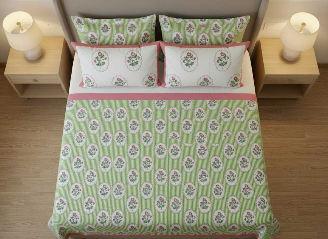 Utsav Bloom Blockprint Percale Cotton King Size Bedsheet | 450 TC