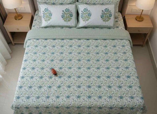 Mint Blossom Trail Blockprint Percale Cotton King Size Bedsheet | 450 TC