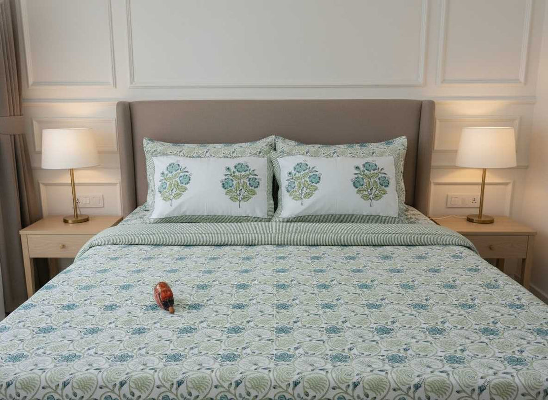 Mint Blossom Trail Blockprint Percale Cotton King Size Bedsheet | 450 TC