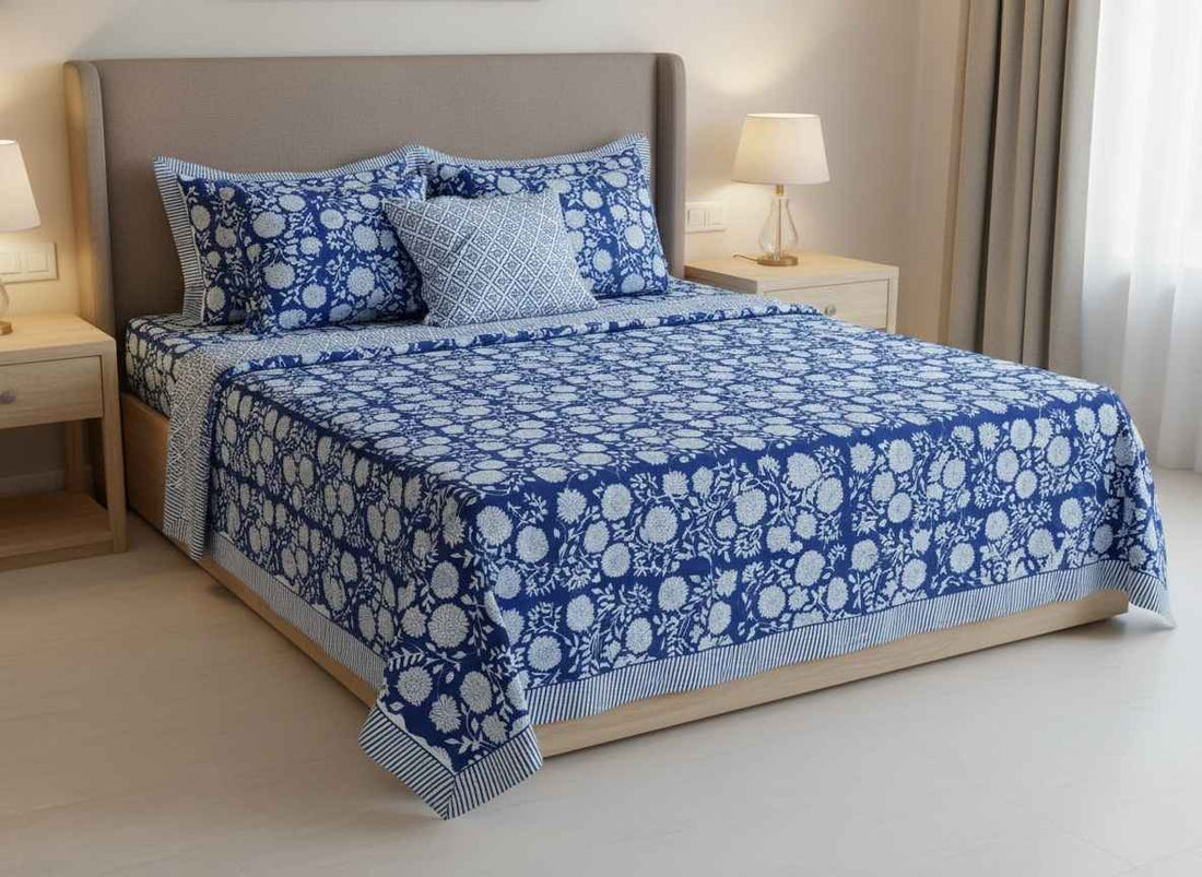 Vatika Blockprint Percale Cotton King Size Bedsheet | 450 TC