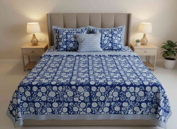 Vatika Blockprint Percale Cotton King Size Bedsheet | 450 TC