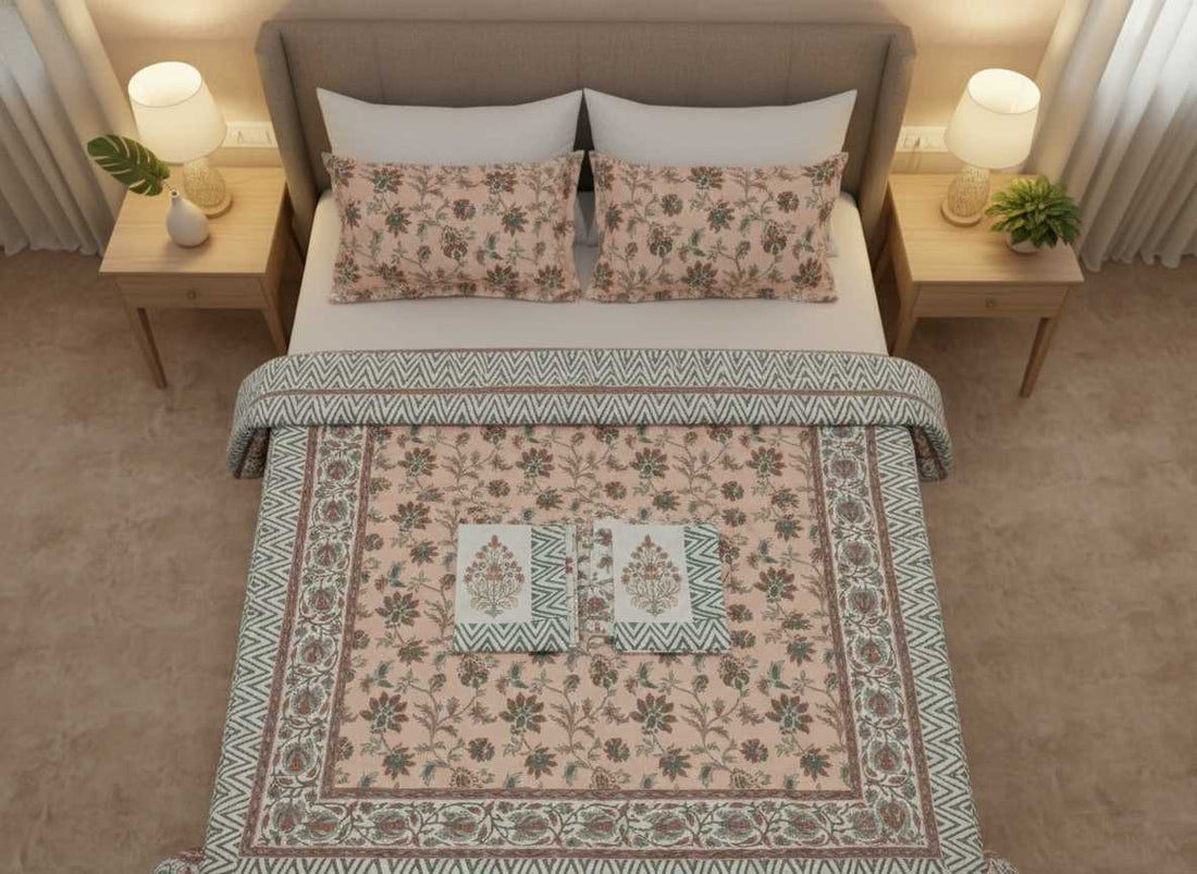 Coral Phool Blockprint Percale Cotton King Size Bedsheet | 450 TC