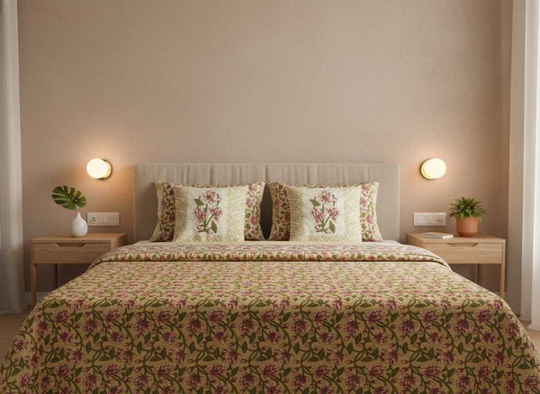 Amber Petals Blockprint Percale Cotton King Size Bedsheet | 450 TC