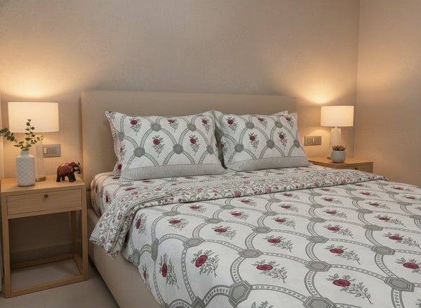 Rajputana Grace Blockprint Percale Cotton King Size Bedsheet | 450 TC
