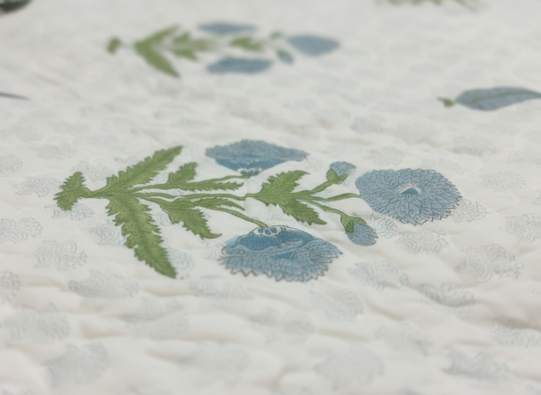 Blue Poppy Hand Block Printed Premium Reversible Single Quilt