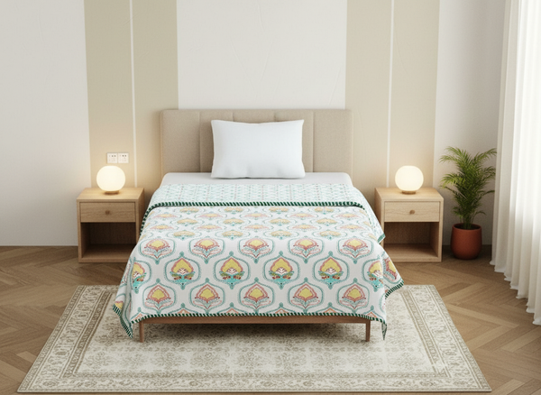 Madhuban Yellow Jaal Mulmul Cotton Reversible Single Dohar