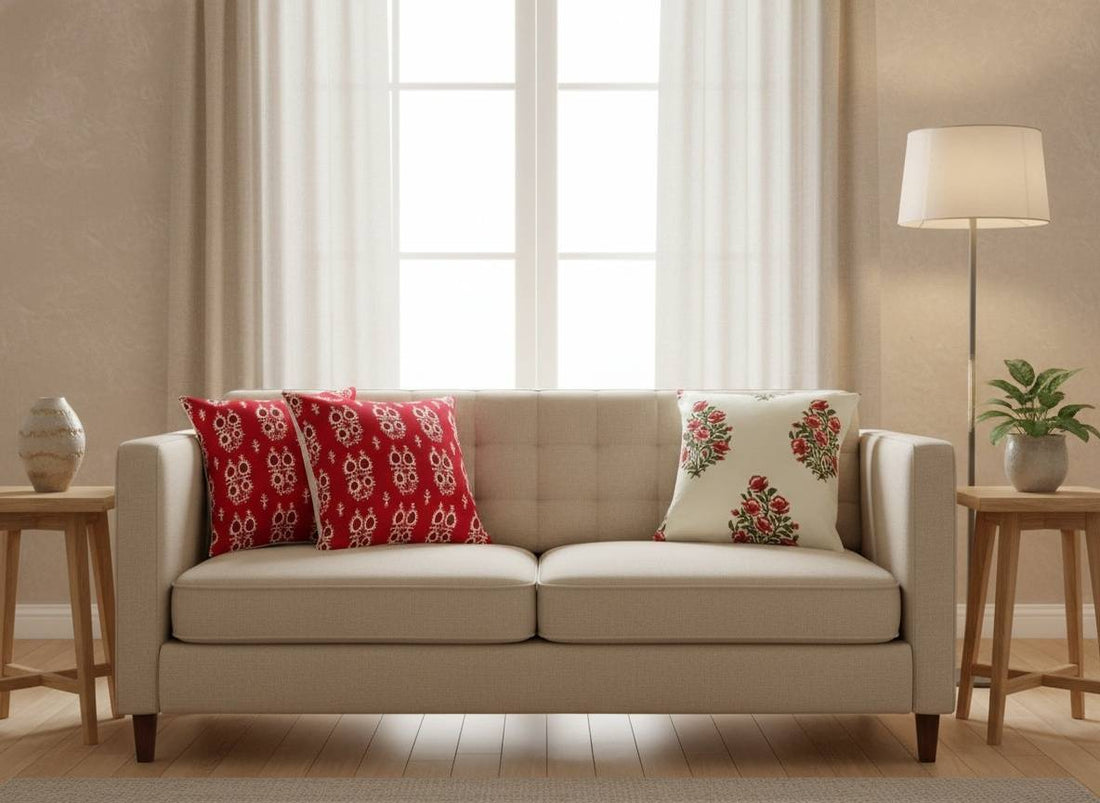 Rosy Bloom Hand Block Printed Cushion Cover - Set of 2