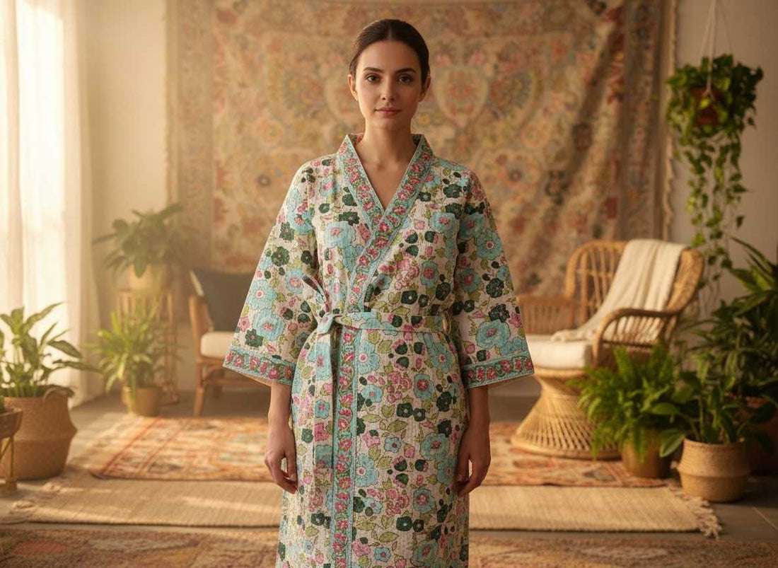 Chandni Kala Hand Block Printed Unisex Bathrobe - Free Size