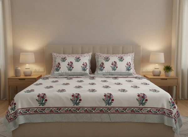Aarambh Blockprint Percale Cotton King Size Bedsheet | 450 TC