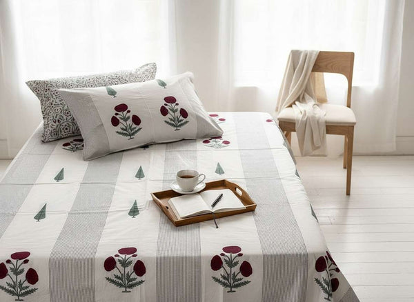 Raaga Blockprint Percale Cotton King Size Bedsheet | 450 TC
