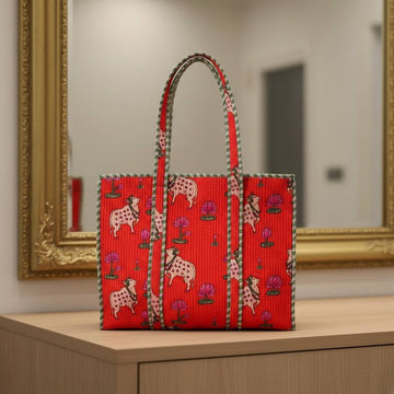 Pink Berries Hand Block Tote Bag