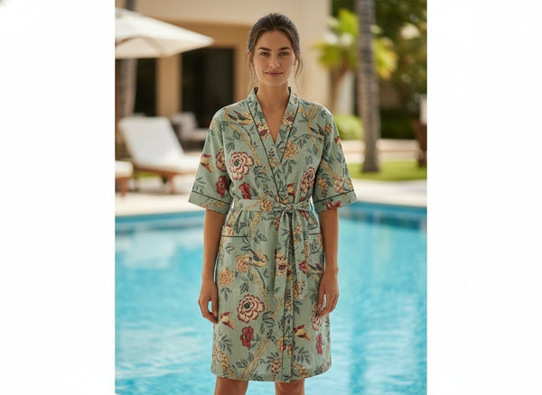 Elaris Hand Block Printed Unisex Bathrobe - Free Size