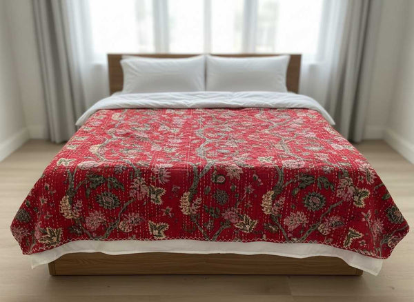 Shivoham Kantha Red Handwork Quilt / Bedspread - Double