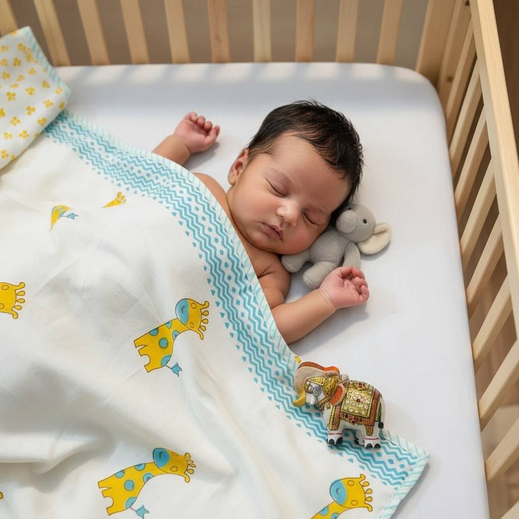 Giraffe Elephant Hand Block Printed Reversible Kids Dohar