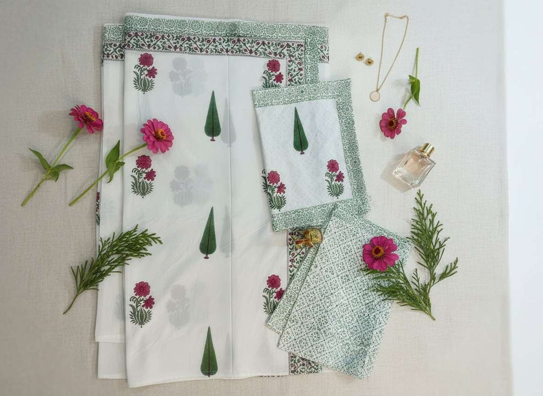 Emerald Vatika Blockprint Percale Cotton King Size Bedsheet | 450 TC