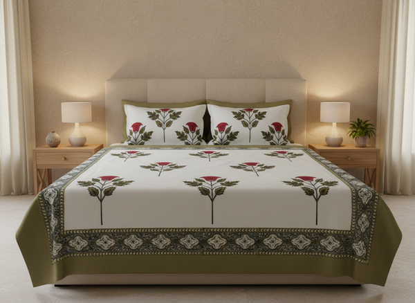 Gulaabi Blockprint Percale Cotton King Size Bedsheet | 450 TC
